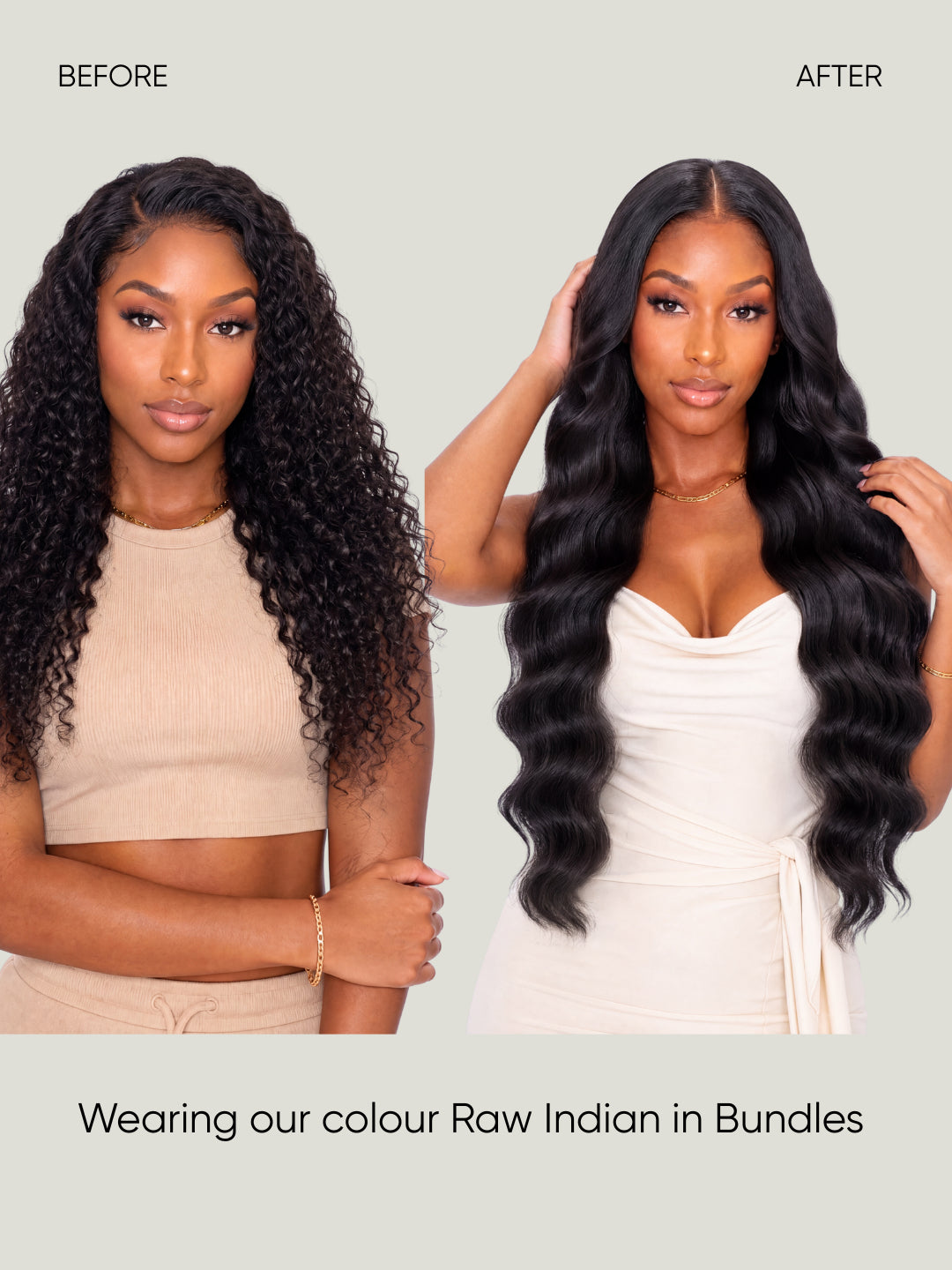 Long dark wavy hair extensions in bundles, styled with loose waves and center part.