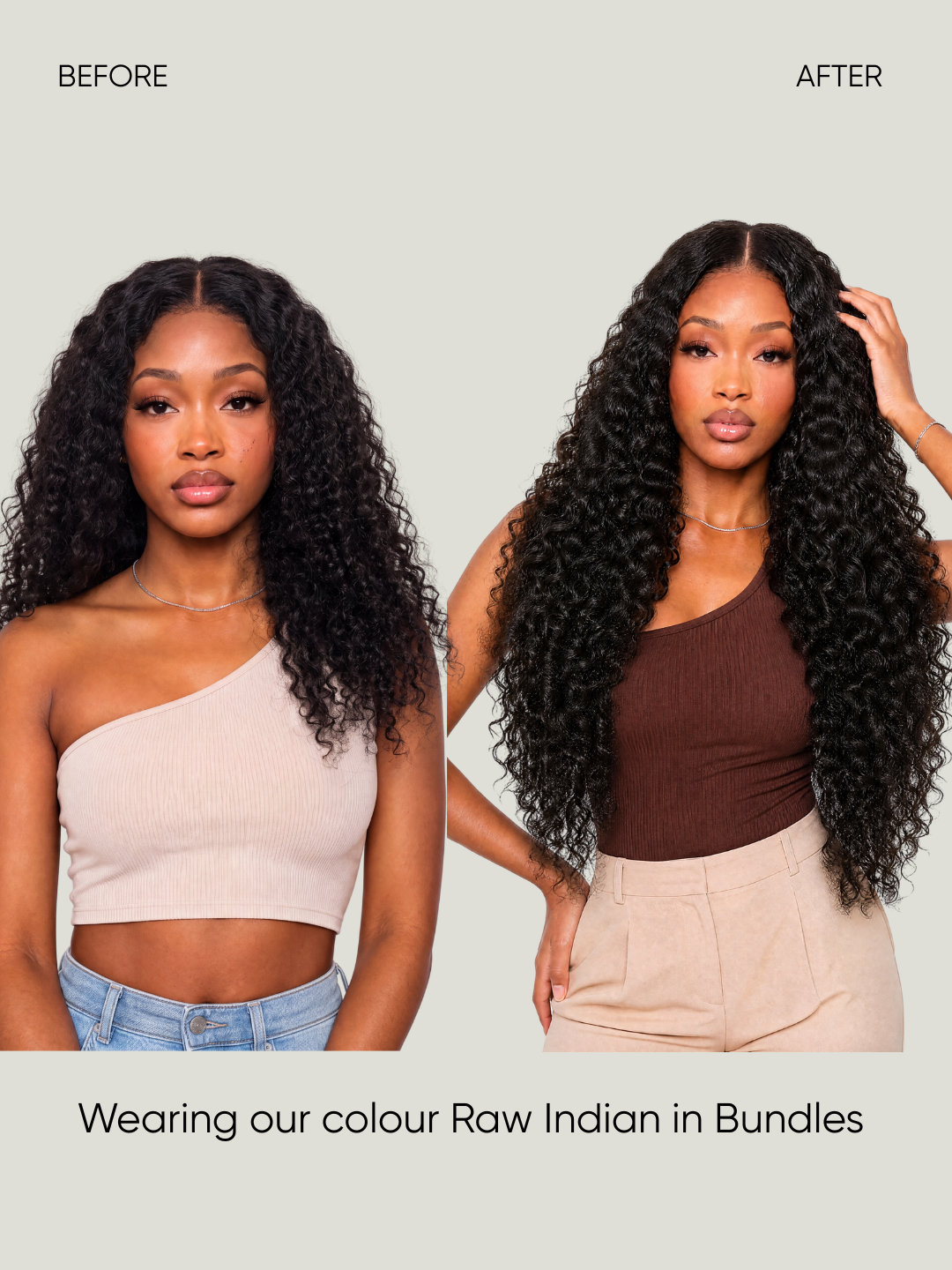 Long curly hair extensions in bundles, paired light and dark hair looks.