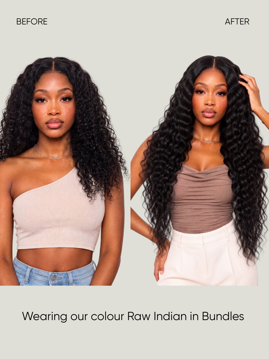 Long dark curly hair extensions in bundles, styled with a center part.
