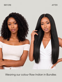 Long dark curly hair extensions in a natural bundle, styled with a side-part.