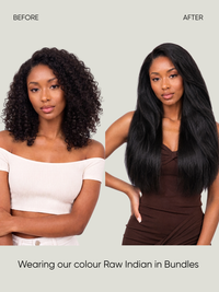 Long dark hair extensions in bundles, side-parted with sleek straight lengths.