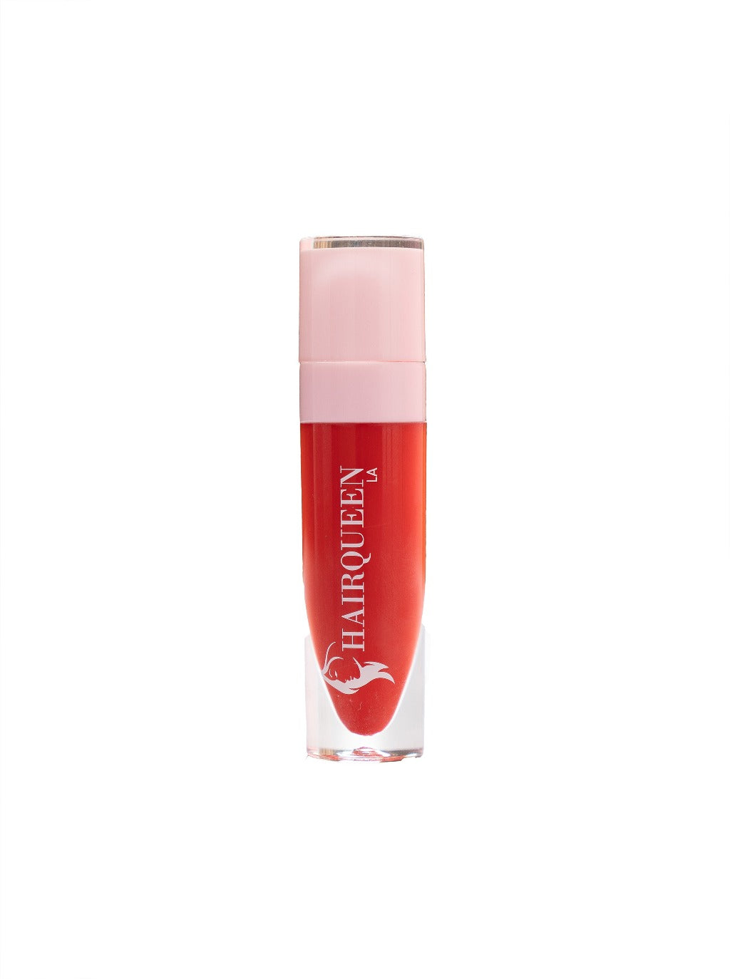 Deep red lip gloss tube with clear base and pink cap
