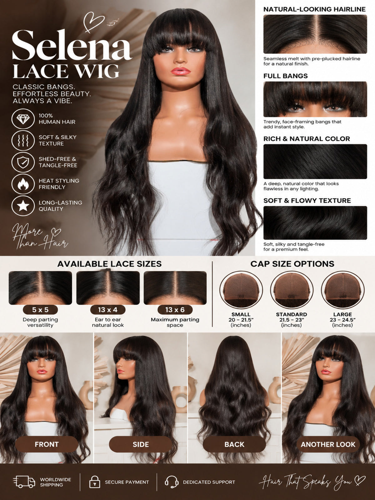 Lace-front wig collage with long black hair and full bangs, shown front, side, and back