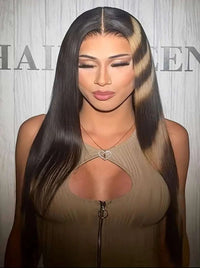 Long straight wig with dark brown hair and center part, natural shine.