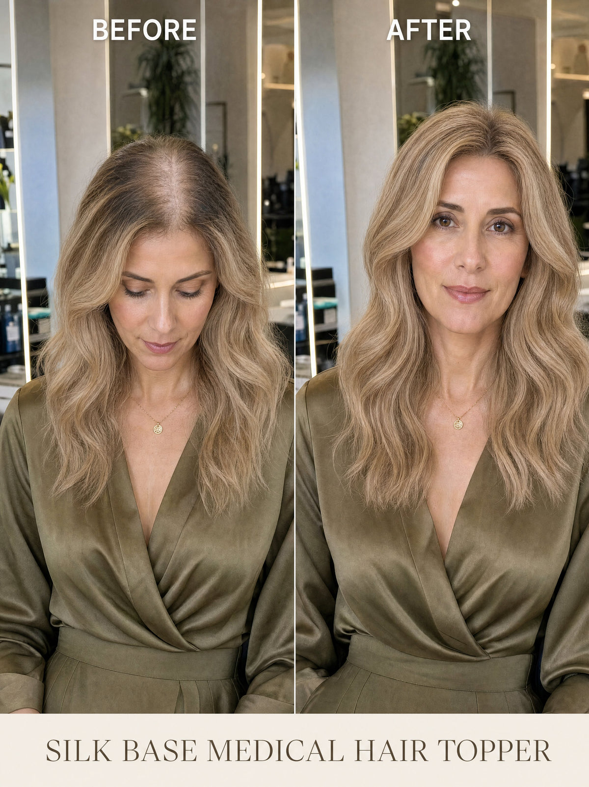 Light blonde hair topper styled with long blended waves, after look