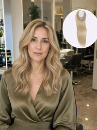 Light blonde hair topper worn by model with seamless front hair coverage