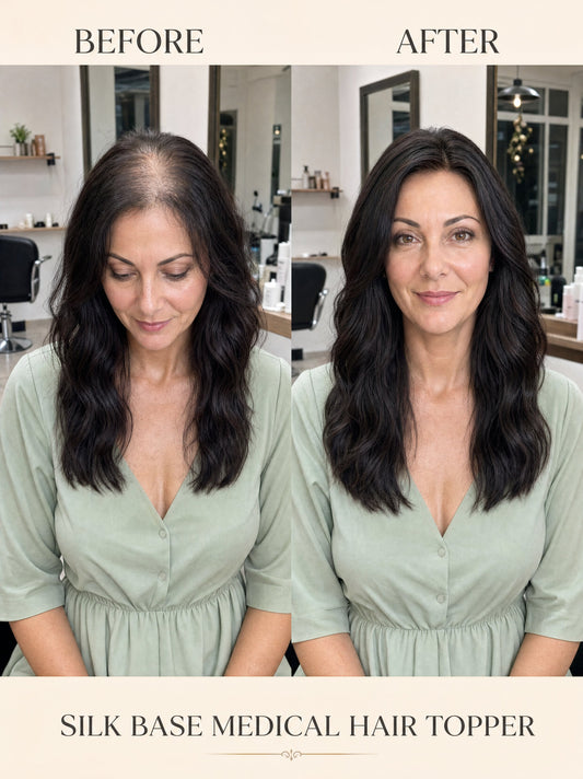 Silk Base medical hair topper on model, dark wavy hair with smooth blended coverage.