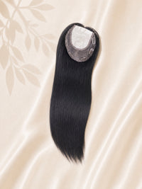 Silk Base medical hair topper hairpiece, long dark black strands with circular silk base.