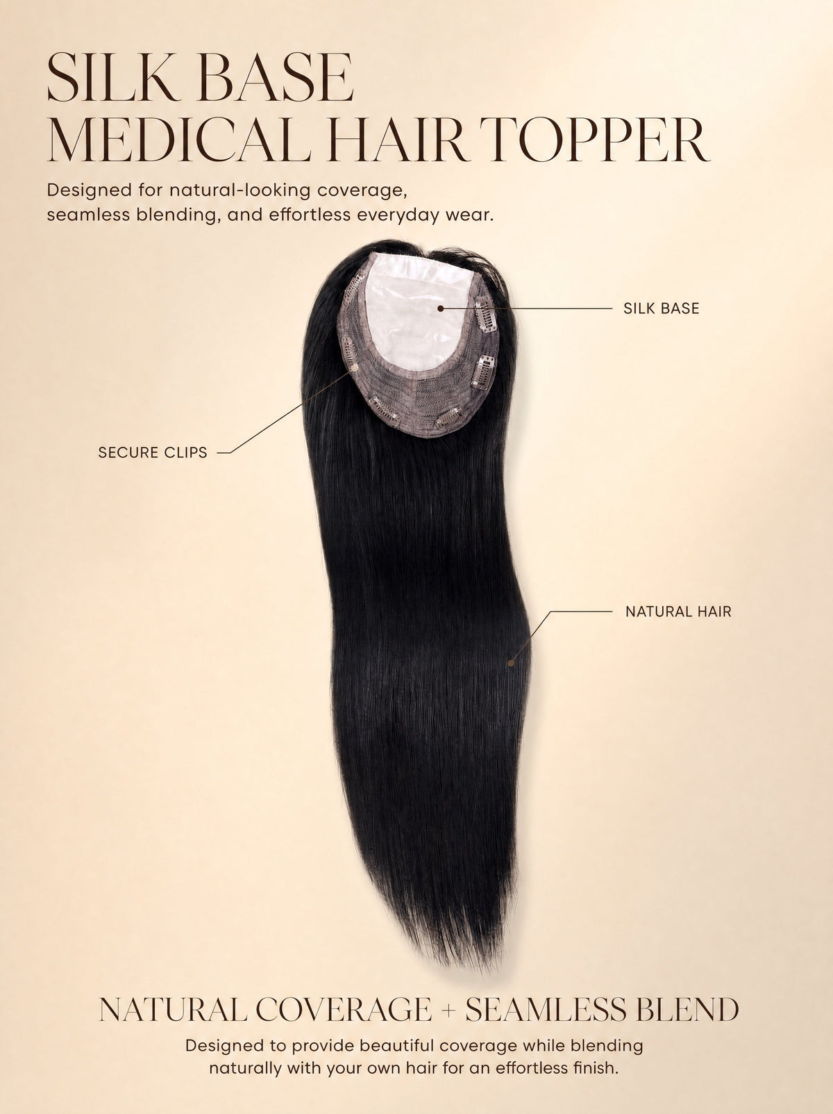 Silk Base medical hair topper hairpiece with silk base and secure clips, dark hair.