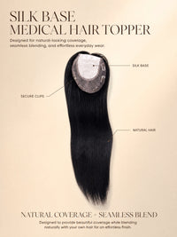 Silk Base medical hair topper hairpiece with silk base and secure clips, dark hair.