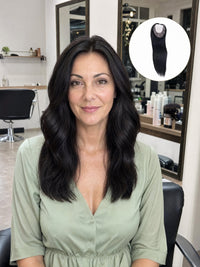 Silk Base medical hair topper on model, dark wavy bob with natural blended look.