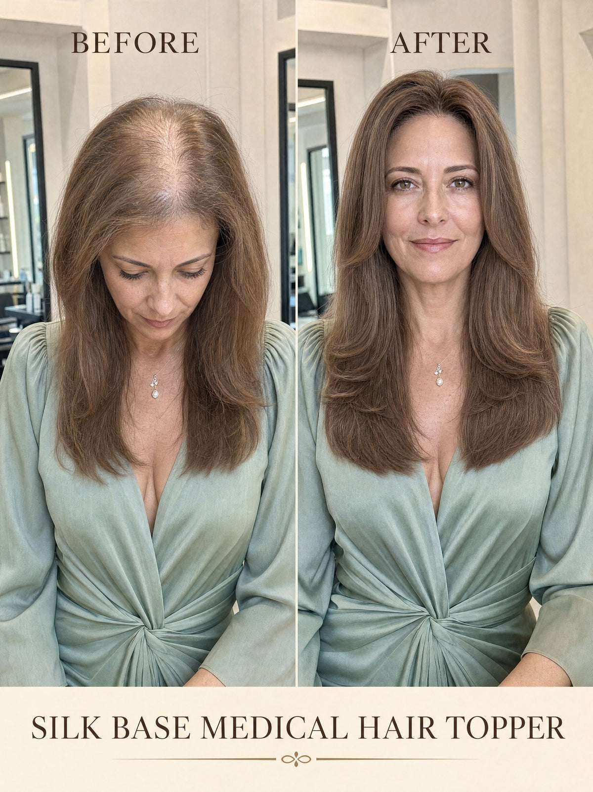 Silk Base medical hair topper on model, before-and-after lighter hair to brown style.