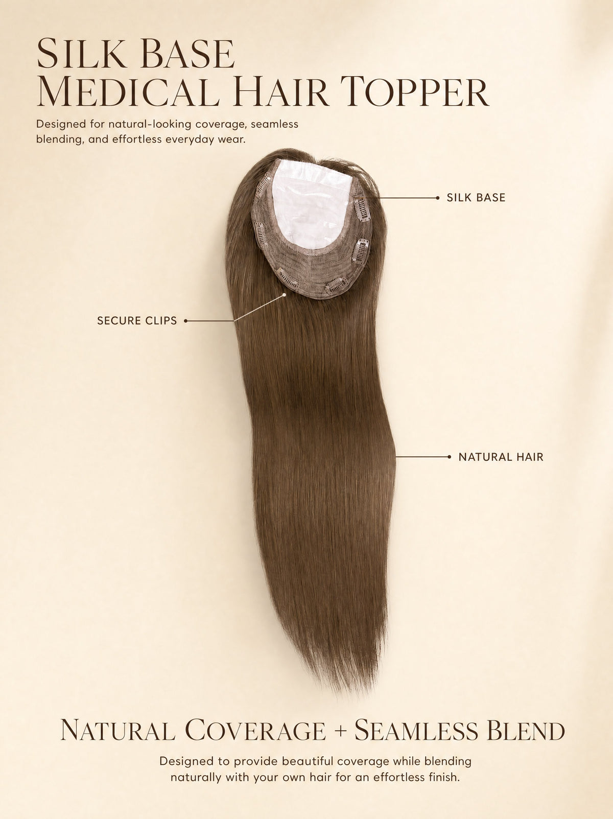 Silk Base medical hair topper hairpiece, long brown strands with circular silk base.