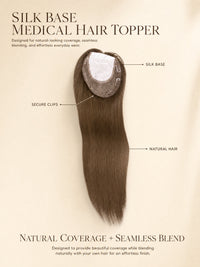 Silk Base medical hair topper hairpiece, long brown strands with circular silk base.