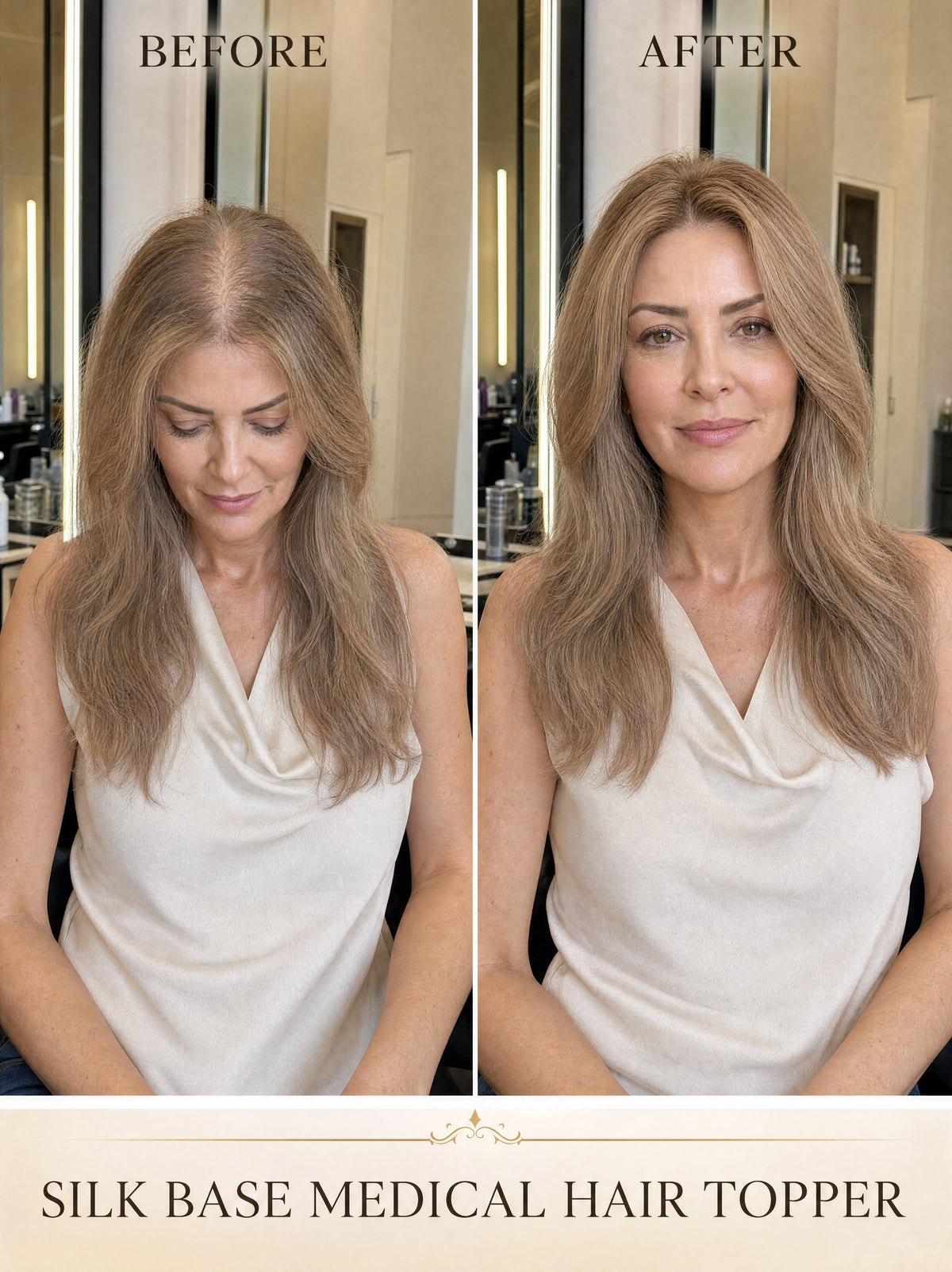 Silk Base medical hair topper on model, before-and-after light hair to beige-blend style.