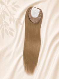 Silk base medical hair topper with medium-brown straight hair and light mesh base