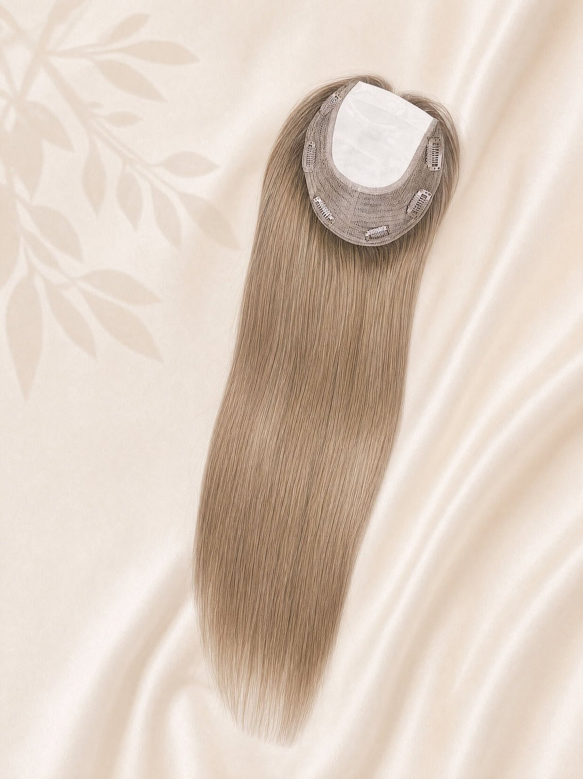 Medical hair topper with silk base, long straight light-brown hair and gray top panel