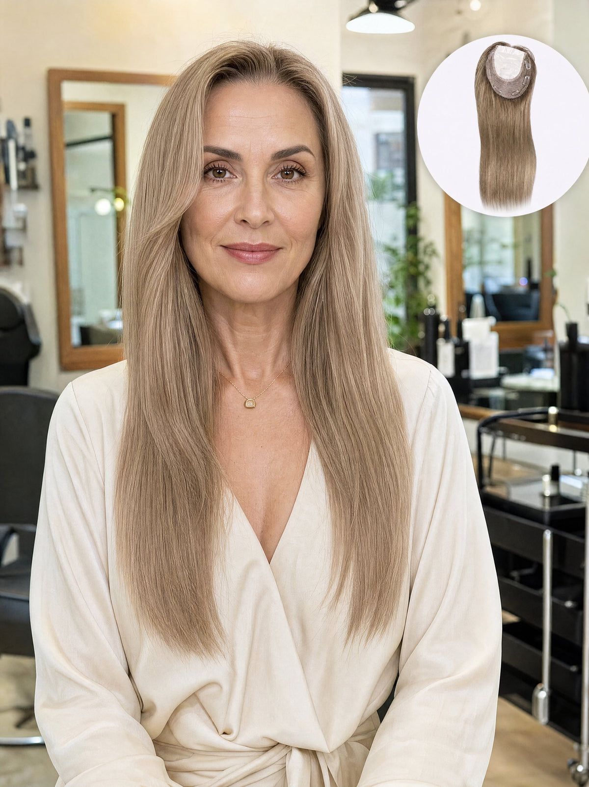 Woman wearing a silk base medical hair topper, long straight light-brown hair