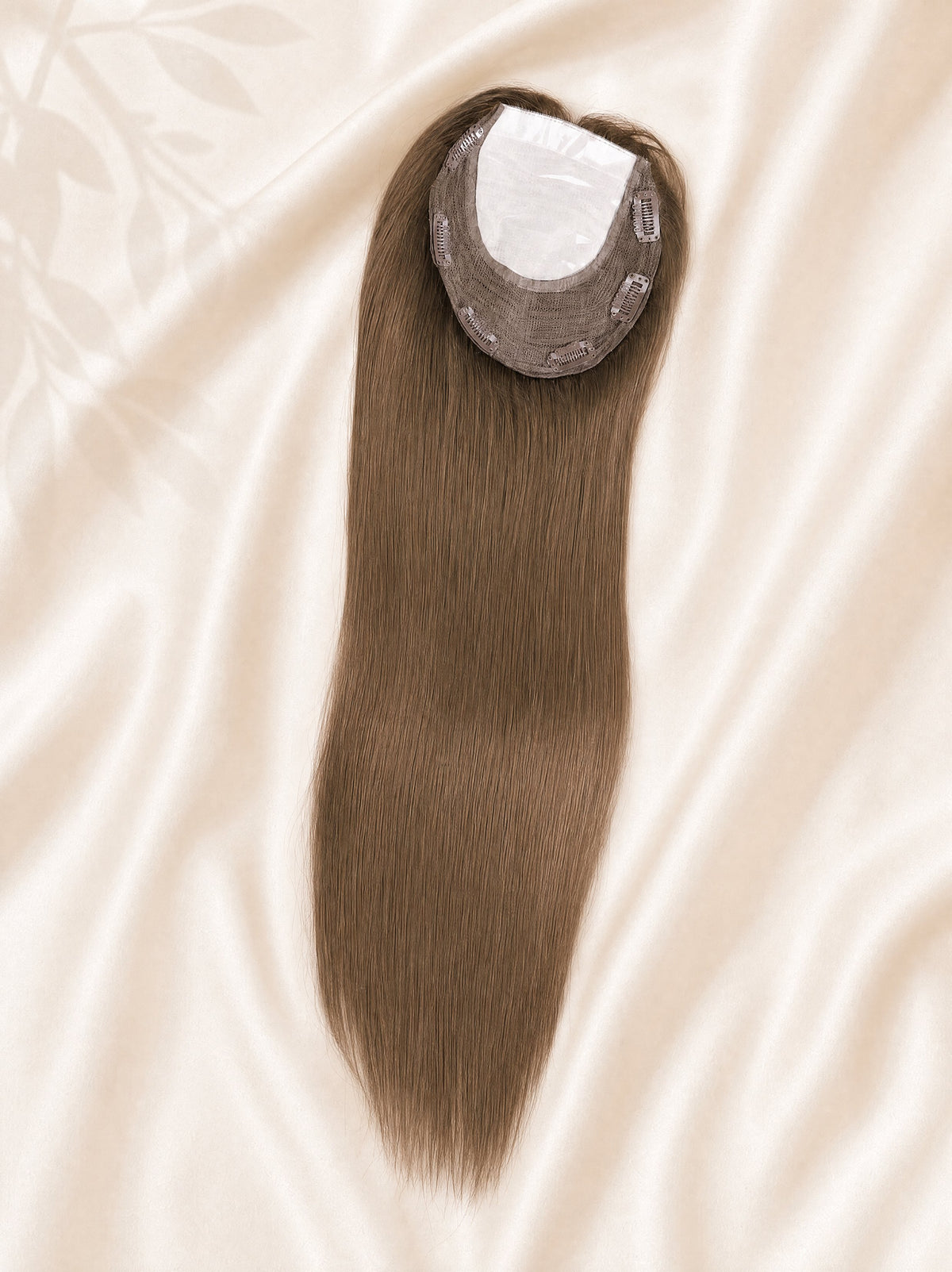 Silk base medical hair topper with medium-brown straight hair and circular mesh base