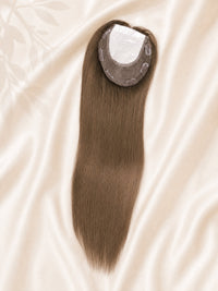 Silk base medical hair topper with medium-brown straight hair and circular mesh base