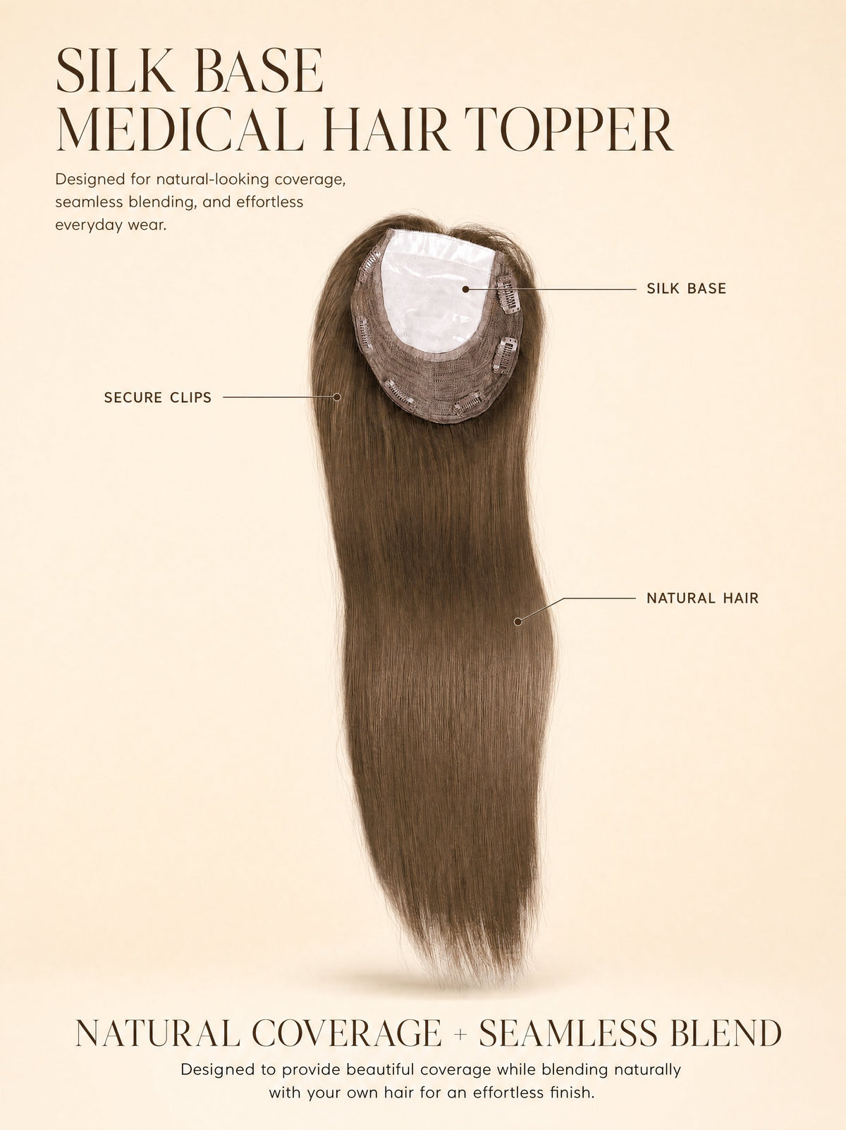 Silk base medical hair topper with medium-brown hair, clip-ready underside detail