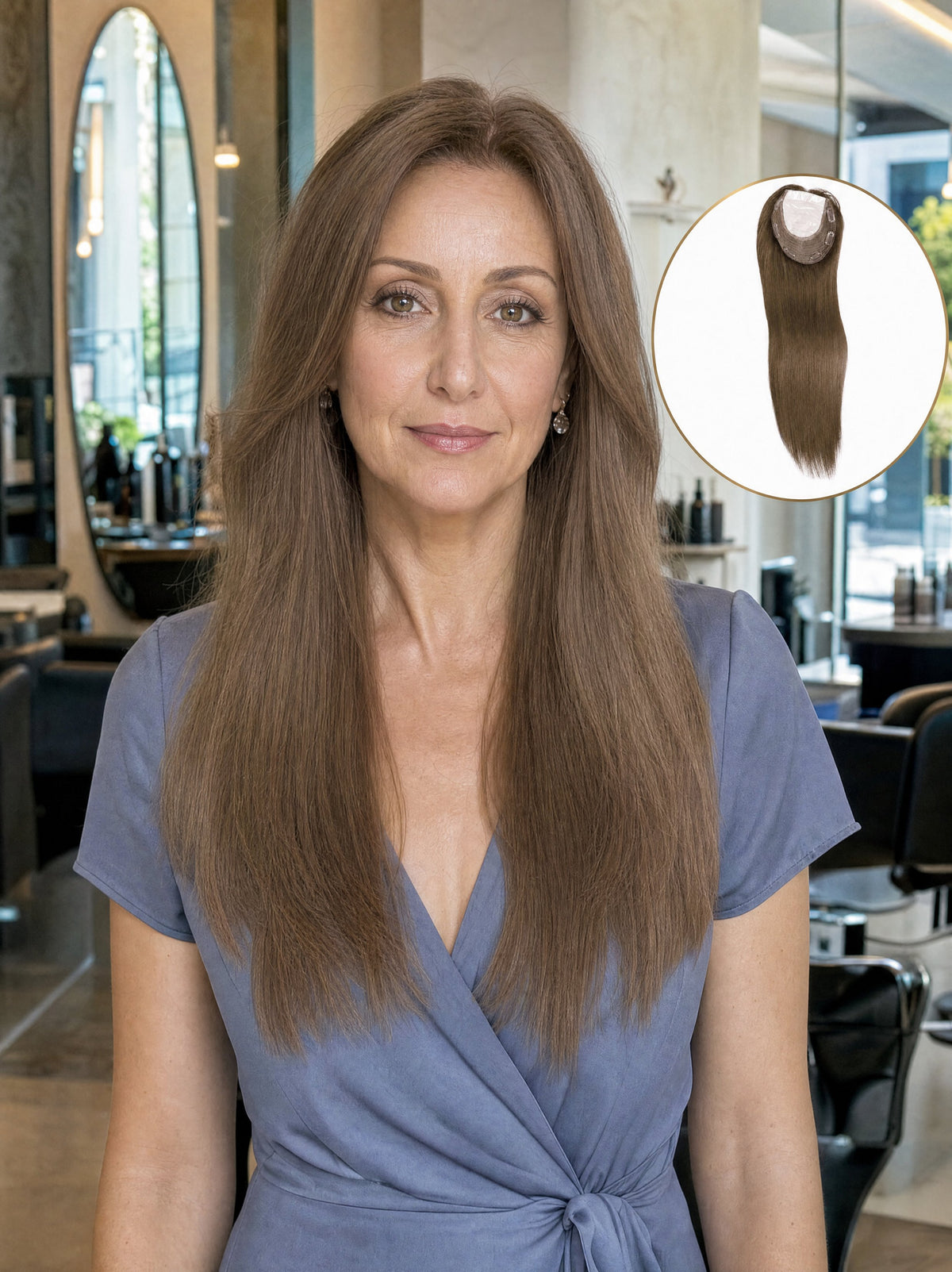 Medium-brown hair topper worn with a blue V-neck top, long straight coverage