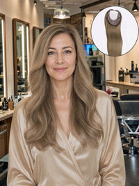 Light blonde hair topper blending with natural waves, worn by model