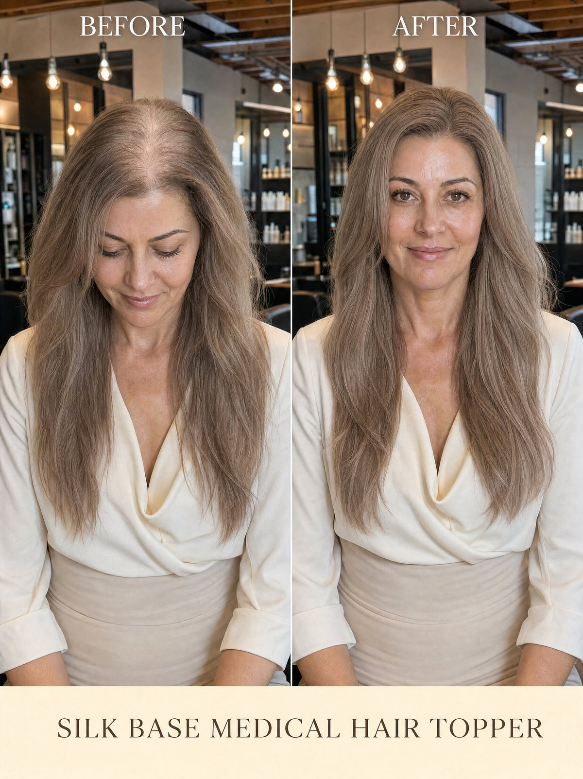 Silk base medical hair topper on model, long blended light-brown hair shown before and after