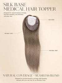 Silk base medical hair topper shown as a hair piece with secure clips and natural blend