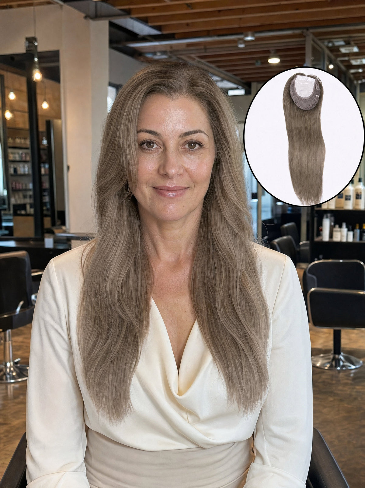 Woman wearing a silk base medical hair topper with long straight light-brown hair