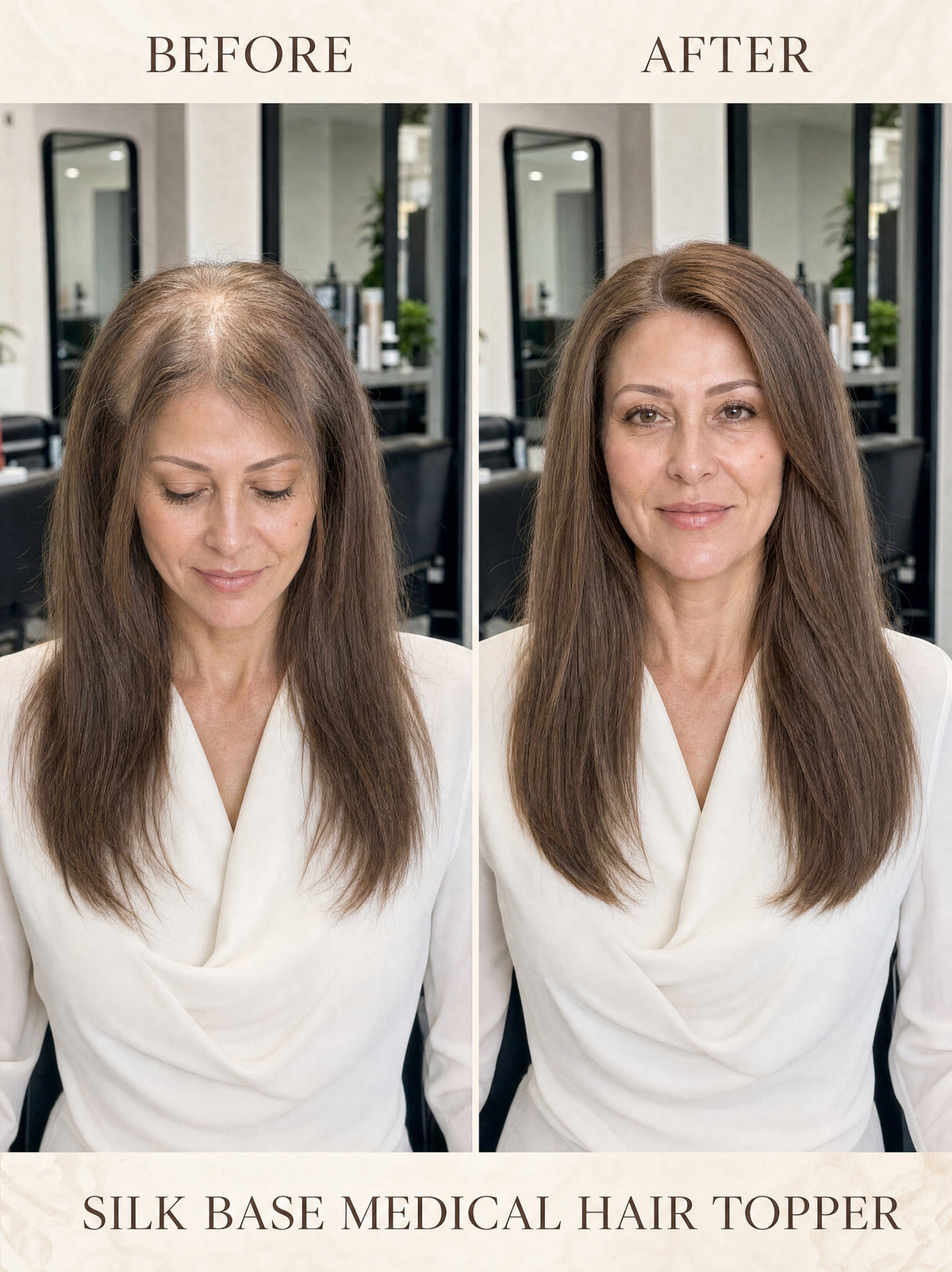 Silk base medical hair topper results: medium-brown coverage before and after