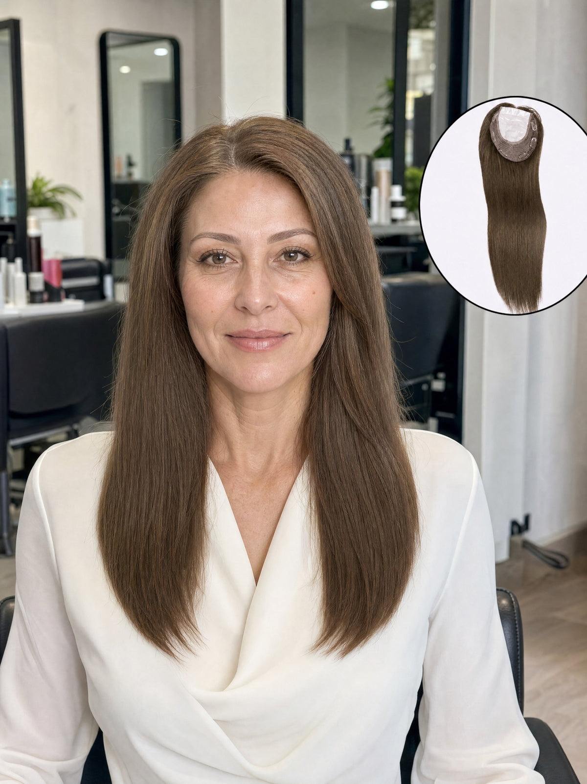 Medium-brown hair topper worn to shoulder length with smooth straight style