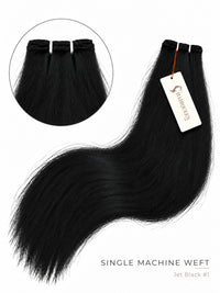 Single machine weft hair extension, jet black, body wave, sewn weft at top