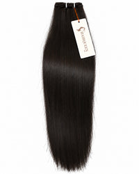 Single machine weft hair extension, soft black, straight, sewn weft at top