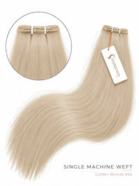 Single machine weft hair extension, golden blonde straight hair bundle with tag