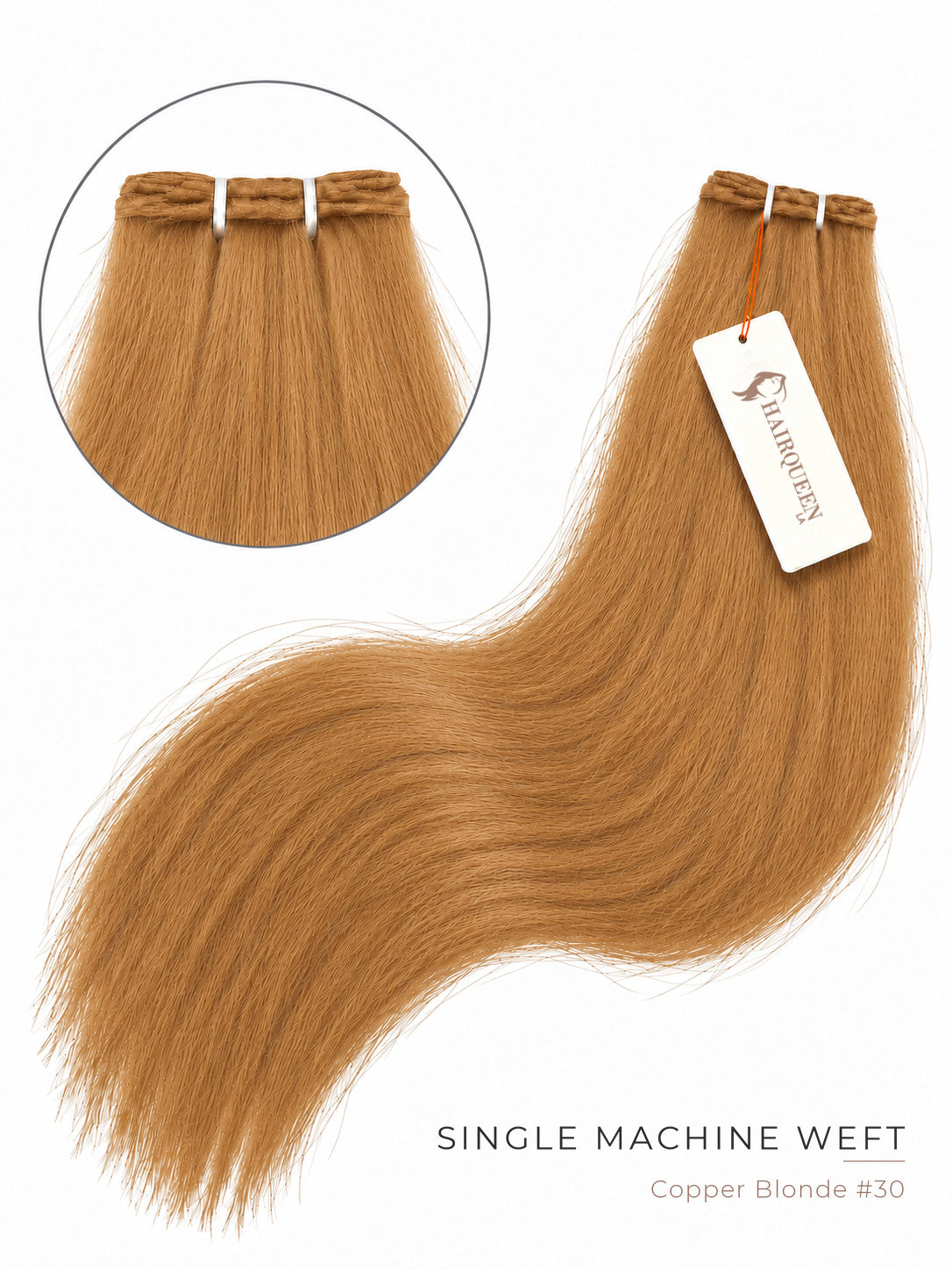 Copper-blonde hair weft with straight strands, top stitched closure.
