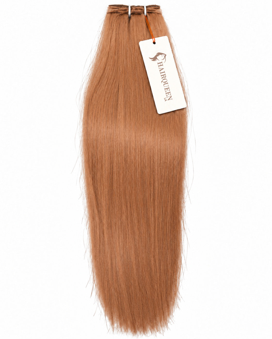 Auburn-brown hair weft with straight strands and top stitched closure.