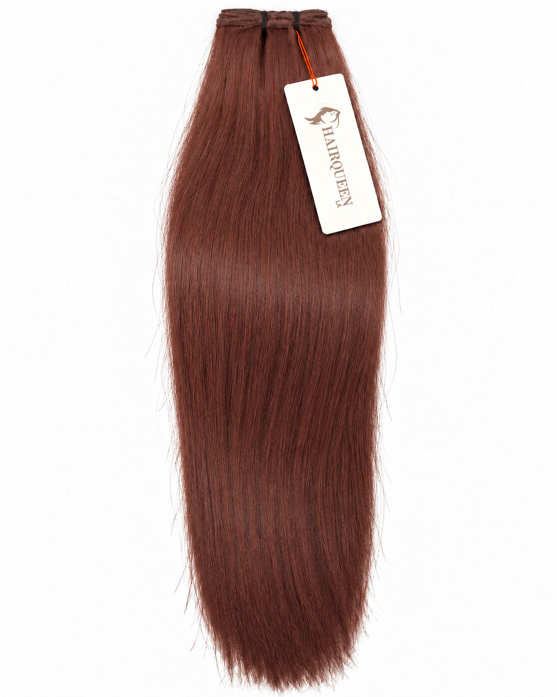 Deep reddish-brown hair weft with straight strands and top stitched closure.