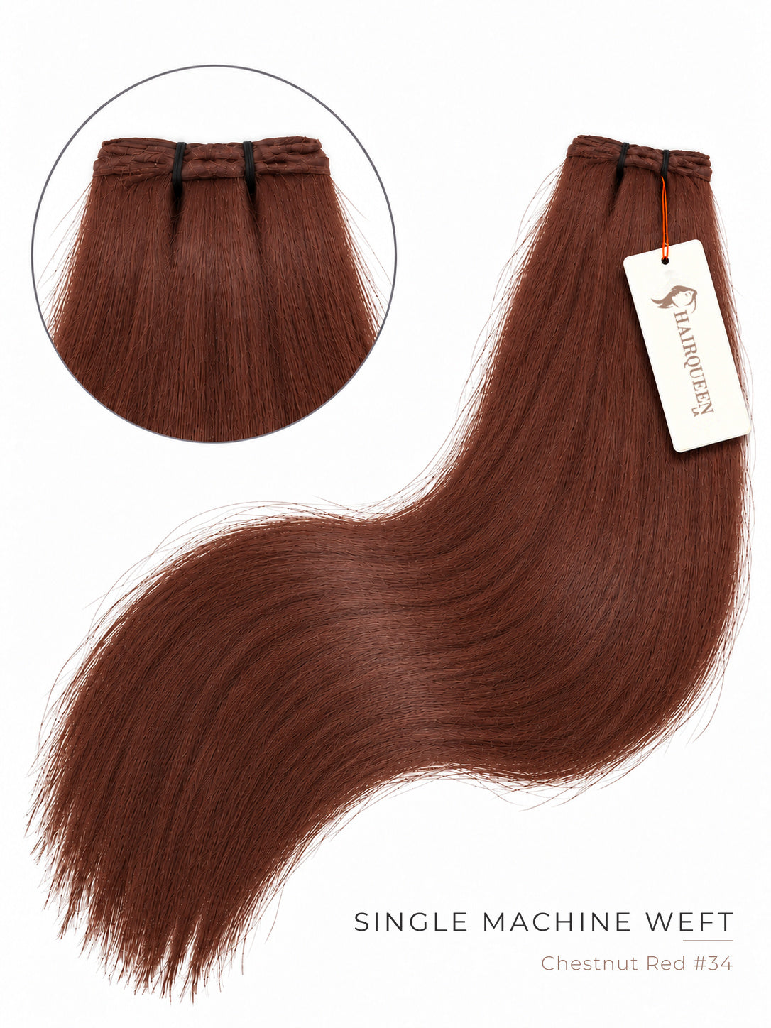 Chestnut-red hair weft with soft wave texture and top stitched closure.