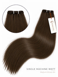 Single machine weft hair extension, medium brown, body wave, sewn weft at top