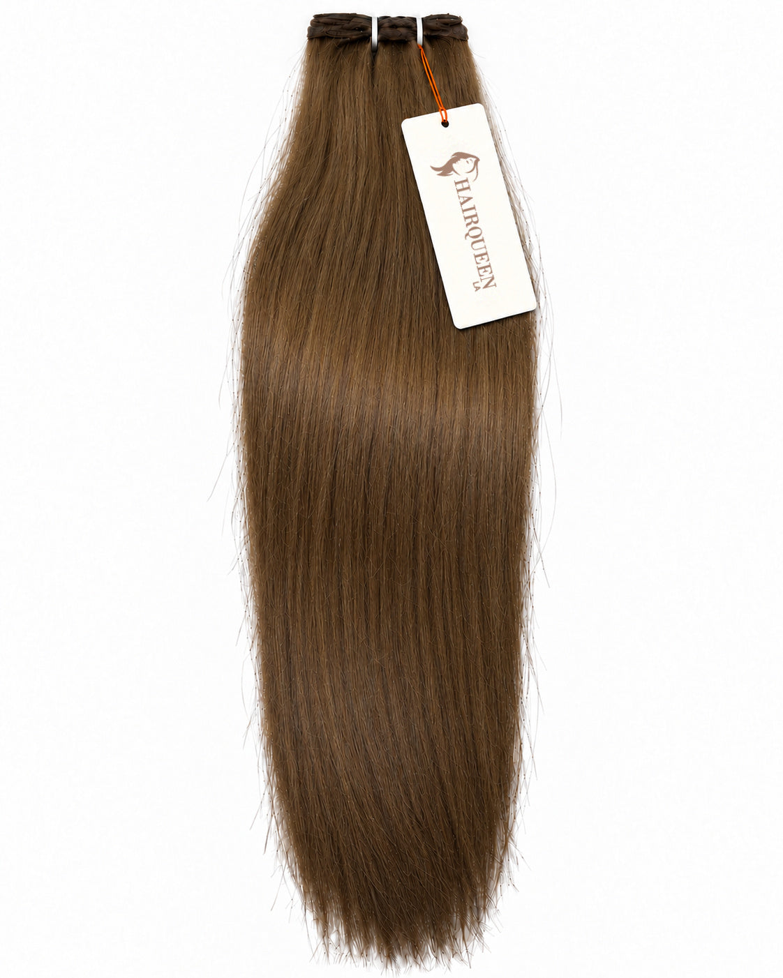 Single machine weft hair extension, medium brown straight hair strands with sewn top