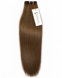 Single machine weft hair extension, medium brown straight hair strands with sewn top