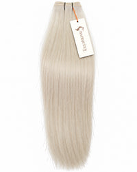 Ashy light blonde hair weft with straight strands and top stitched closure.