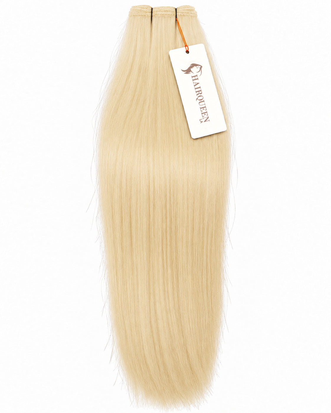 Single machine weft hair bundle in light beige blonde, straight strands with stitched top.