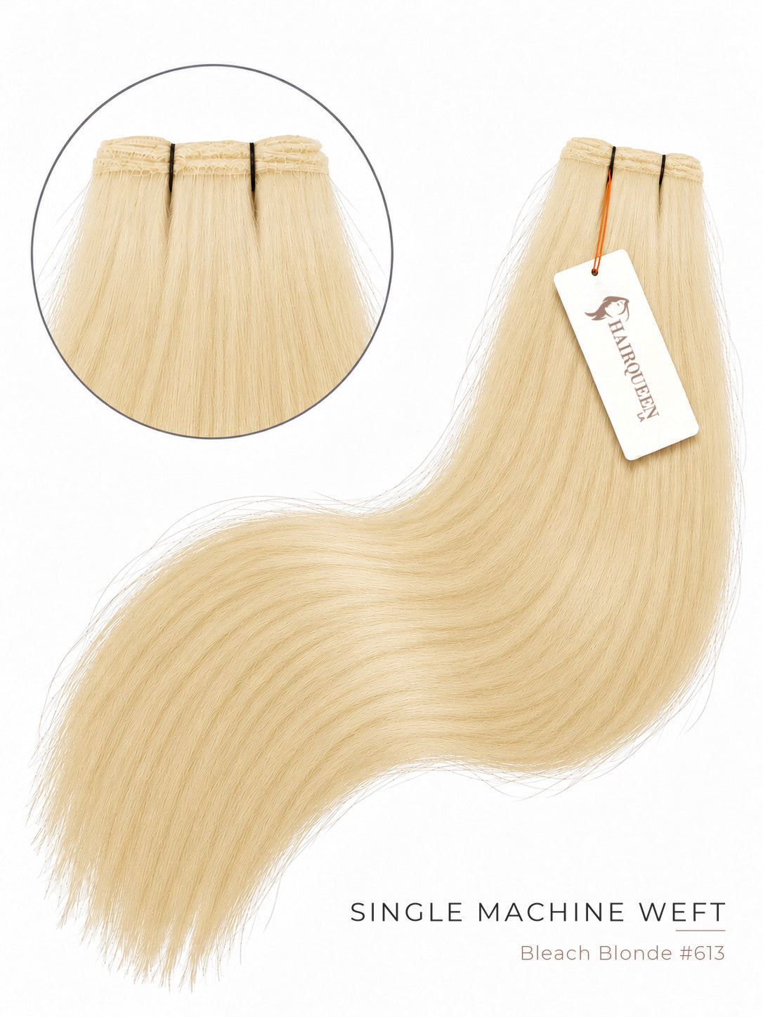 Single machine weft hair bundle in pale blonde, body wave texture with stitched top.