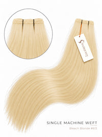 Single machine weft hair bundle in pale blonde, body wave texture with stitched top.