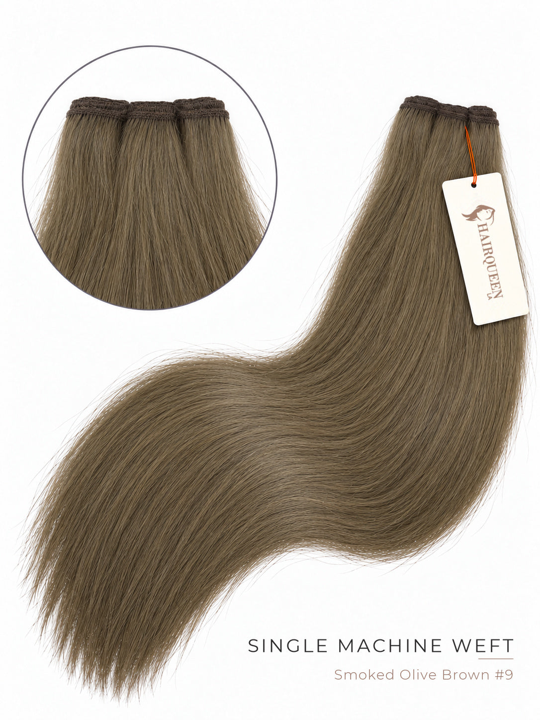 Single machine weft hair extension, dark olive brown, straight strands bundle