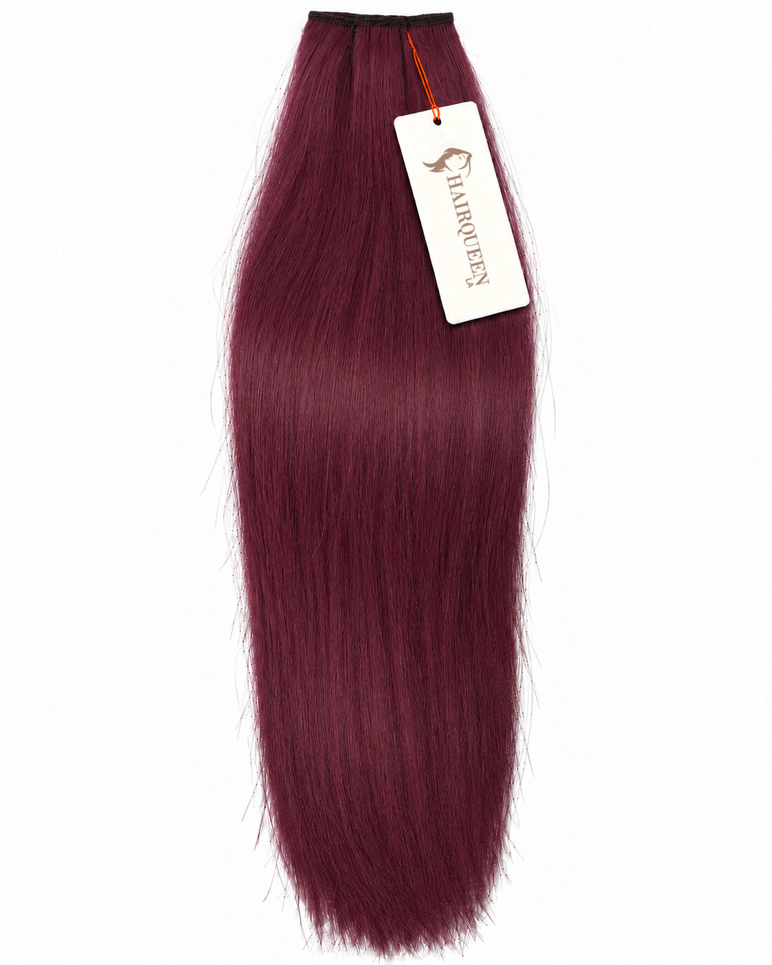 Single machine weft hair bundle in burgundy, straight strands with stitched weft top.