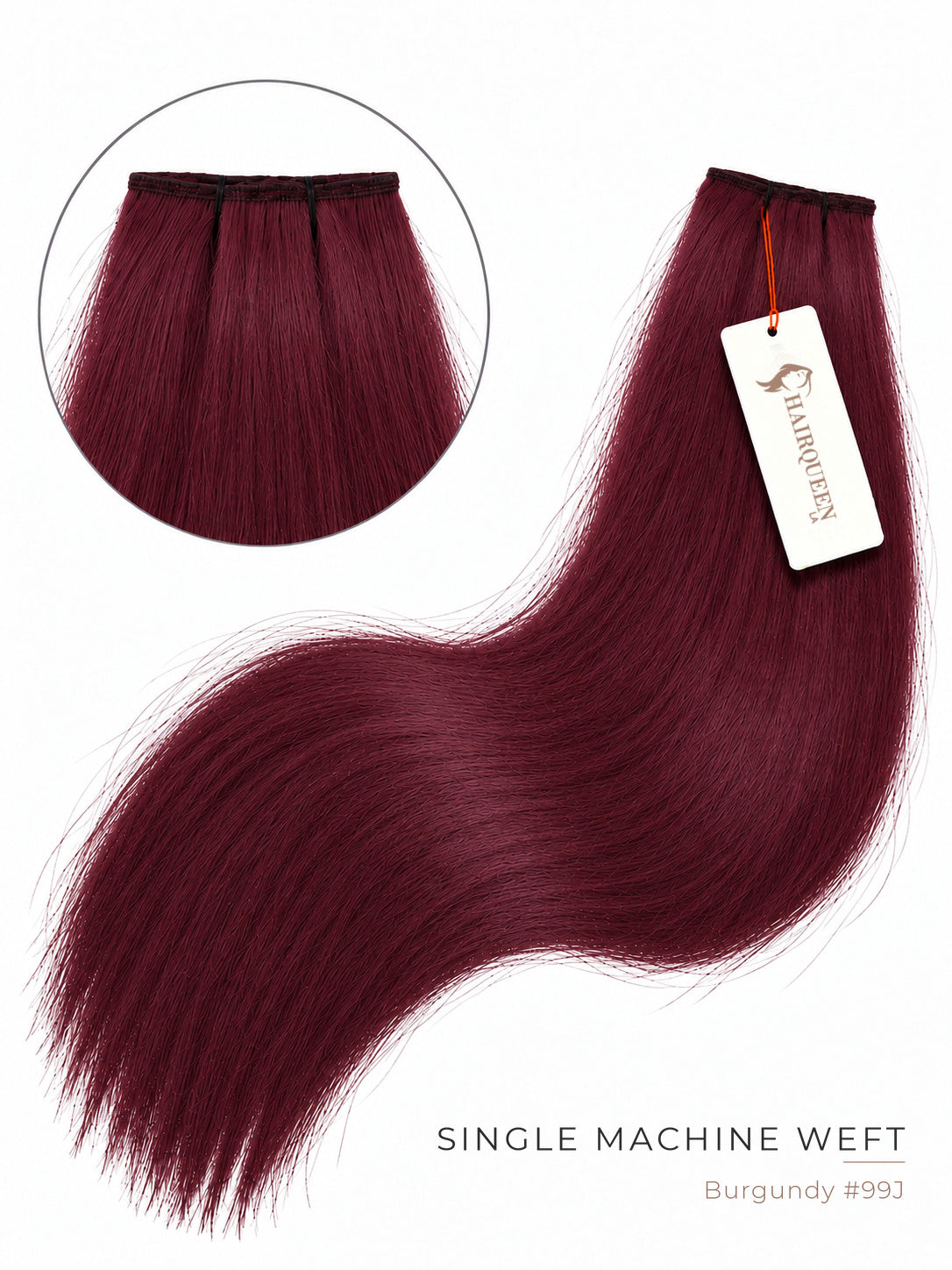 Single machine weft hair bundle in deep burgundy, straight strands with sewn top.