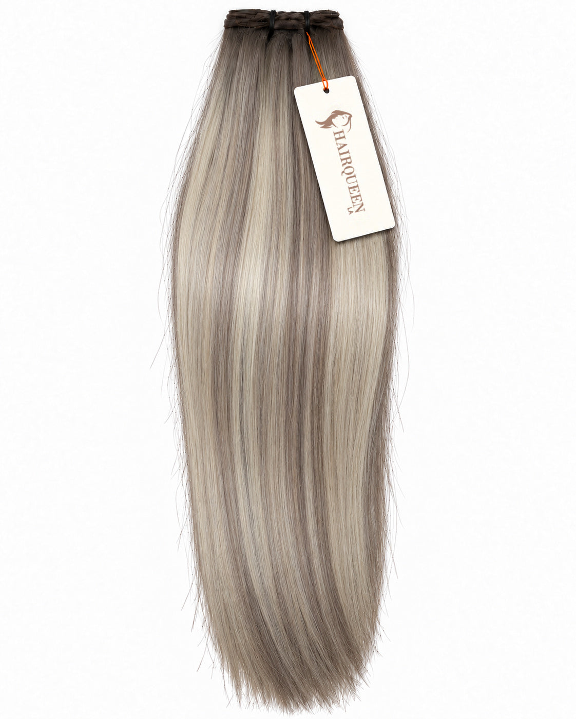 Single machine weft with straight light ash blonde hair with muted darker roots
